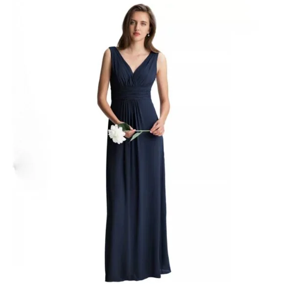 Bill Levkoff Navy Blue Chiffon Surplice A-line Bridesmaids Gown Sz 2 - Picture 2 of 11